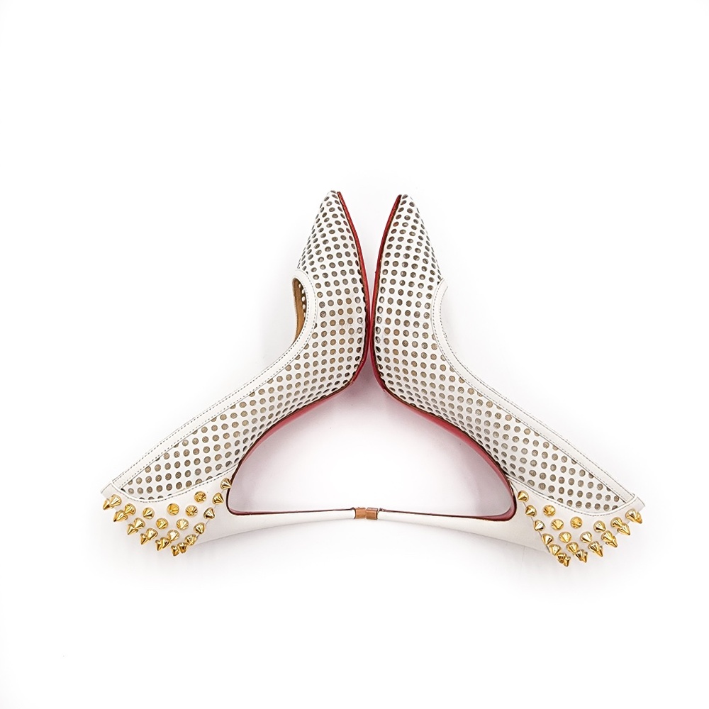 Christian Louboutin Guni 100 White Latte Leather Gold Spiked Pumps EU 38 - Picture 6 of 10